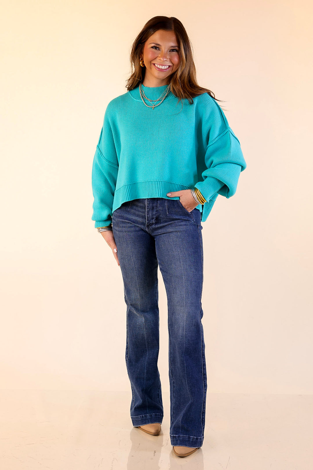 Fireside Fit Cropped Long Sleeve Mock Neck Sweater in Turquoise Blue