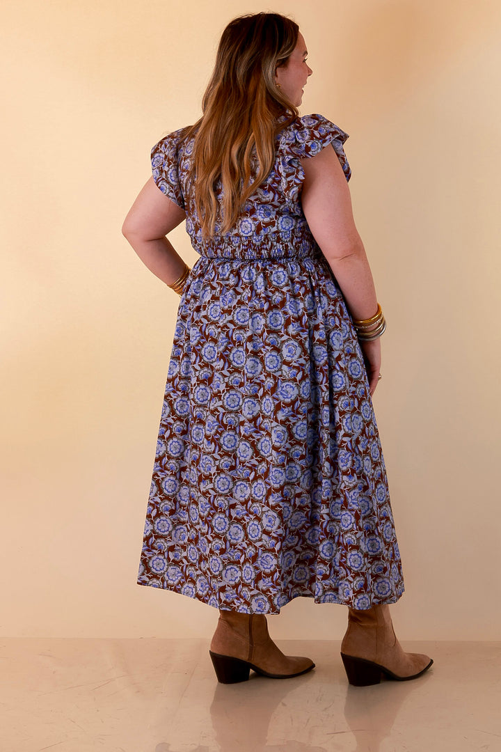 Modern Grace Zip Front Midi Floral Print Dress with Smocked Waist and Short Flutter Sleeves in Brown and Periwinkle Blue
