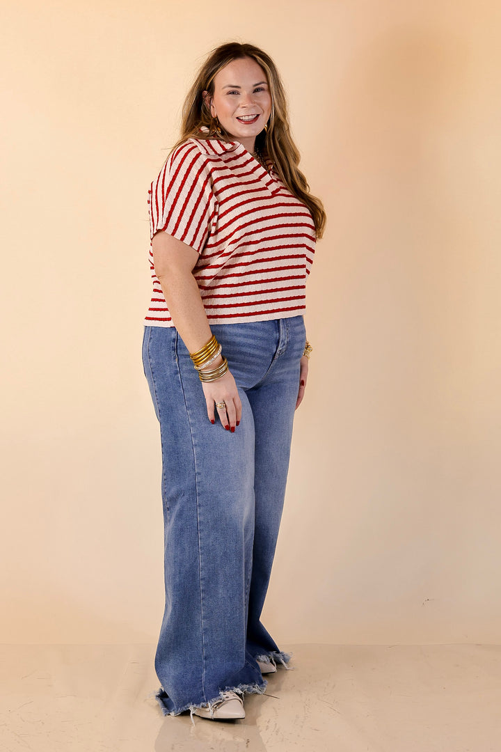Simply Said Striped Drop Shoulder Collared Cropped Top in Ivory with Red Stripes