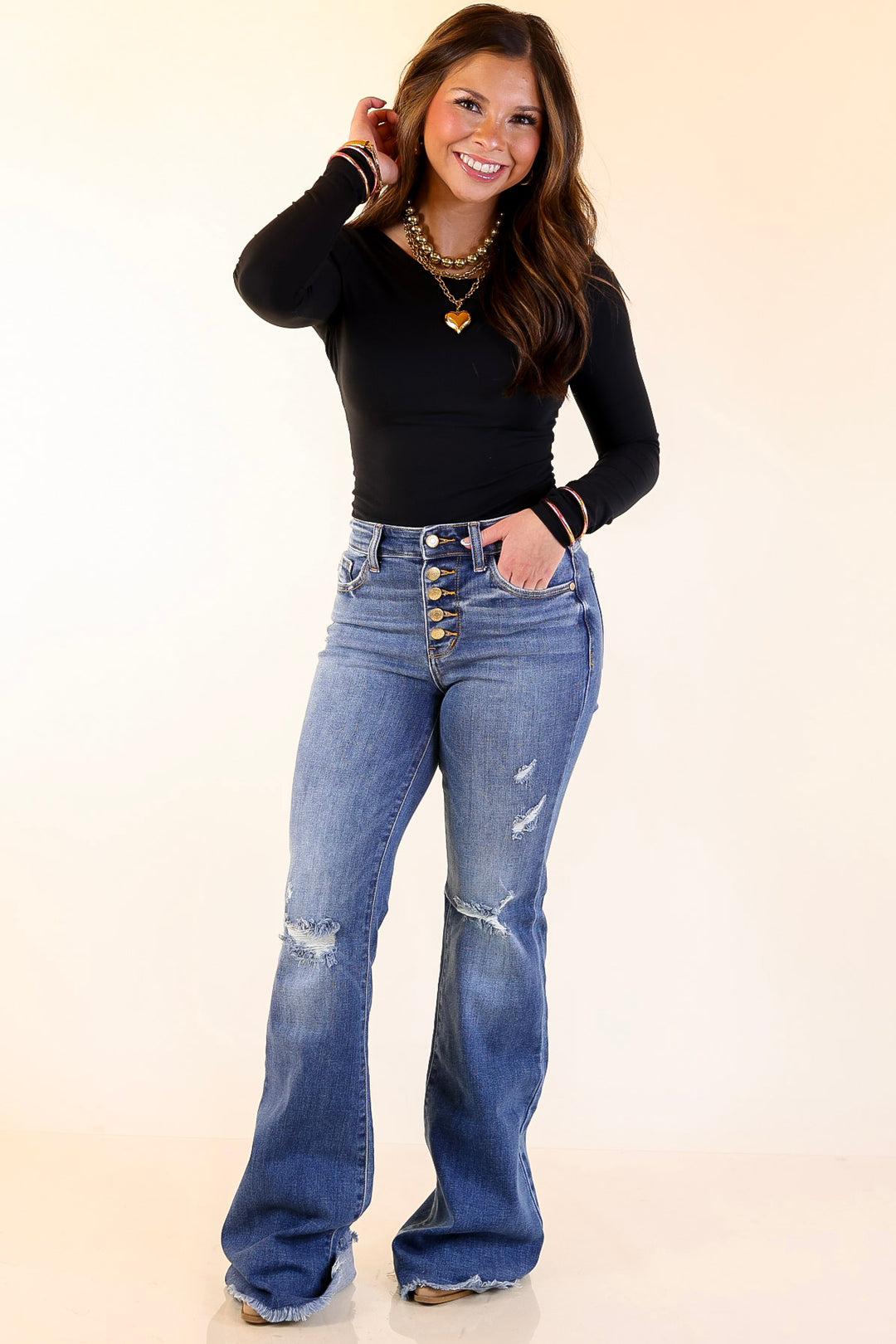 Judy Blue | The Statement Pair Button Fly Flare Jean in Medium Wash