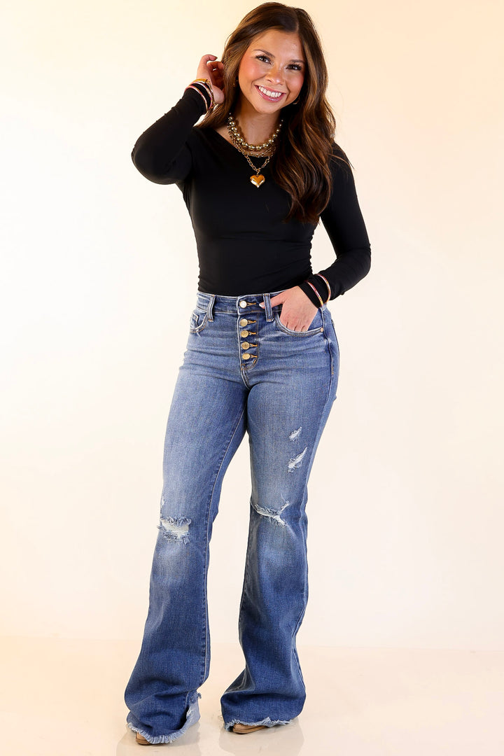 Judy Blue | The Statement Pair Button Fly Flare Jean in Medium Wash