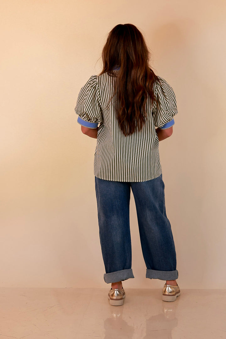 Pop of Polish Short Puff Sleeve Button Front Top with Contrast Trim in White, Olive Green and Periwinkle Blue