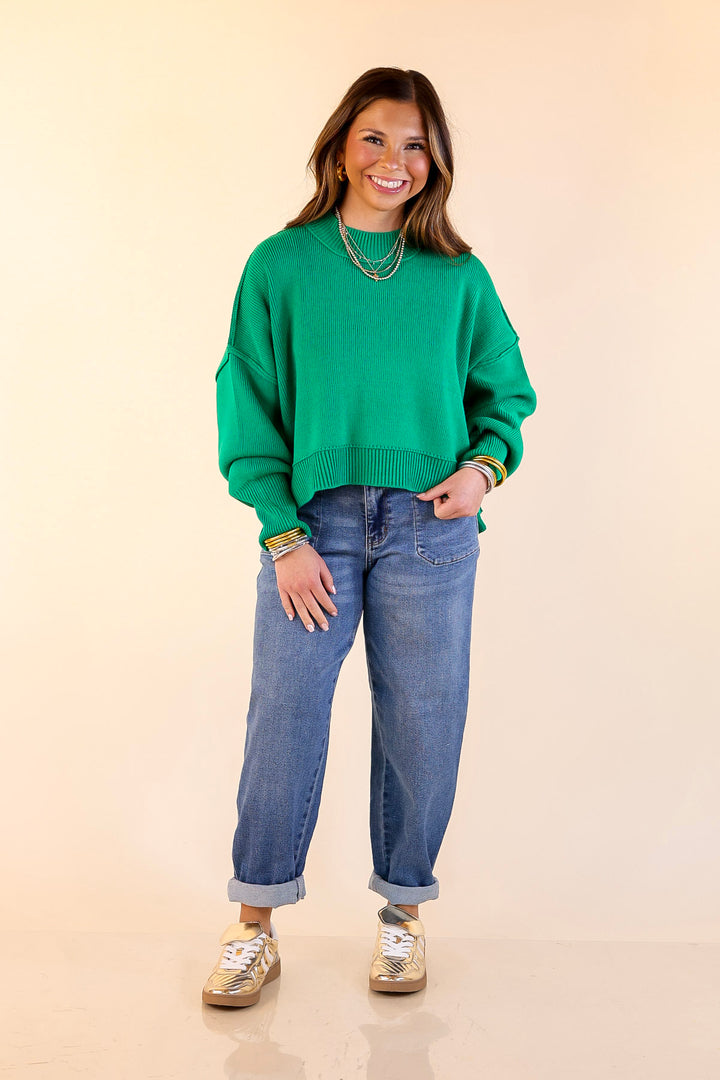 Fireside Fit Cropped Long Sleeve Mock Neck Sweater in Kelly Green