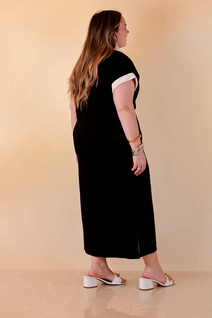 Park Avenue Solid Short Sleeve Knit Midi Dress with Ivory Trim in Black