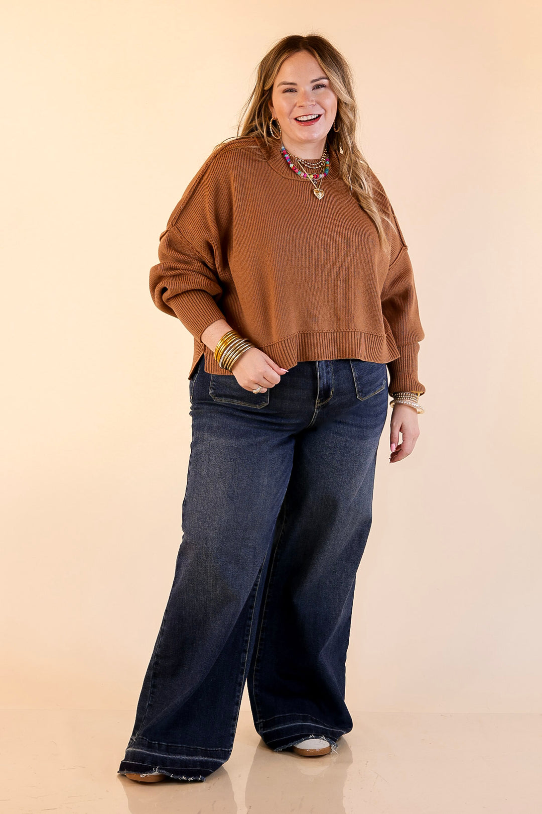 Fireside Fit Cropped Long Sleeve Mock Neck Sweater in Camel Brown