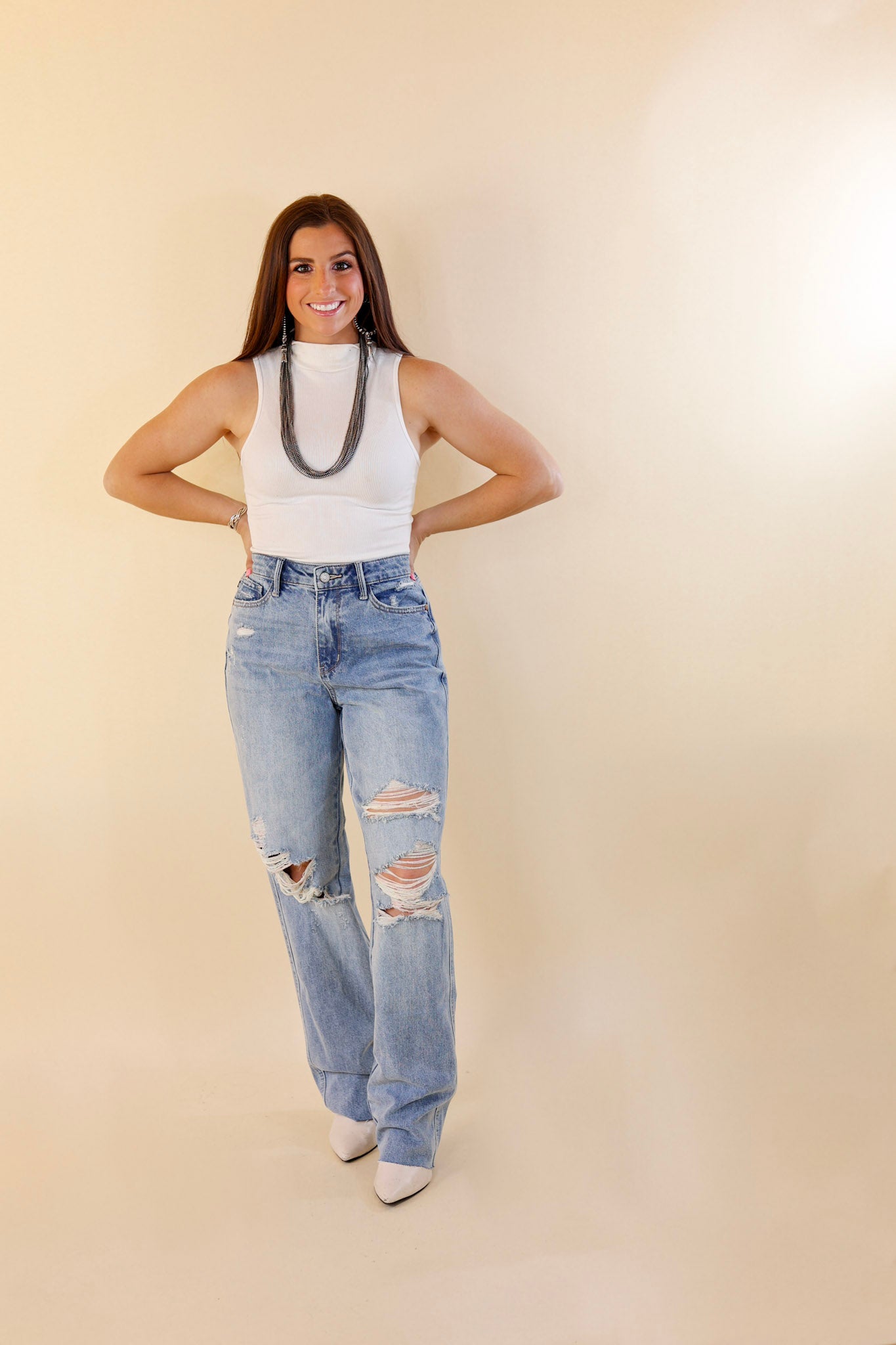 Judy Blue | Along The Drive Destroy Knee 90's Straight Leg Jeans in Light Wash - Giddy Up Glamour Boutique