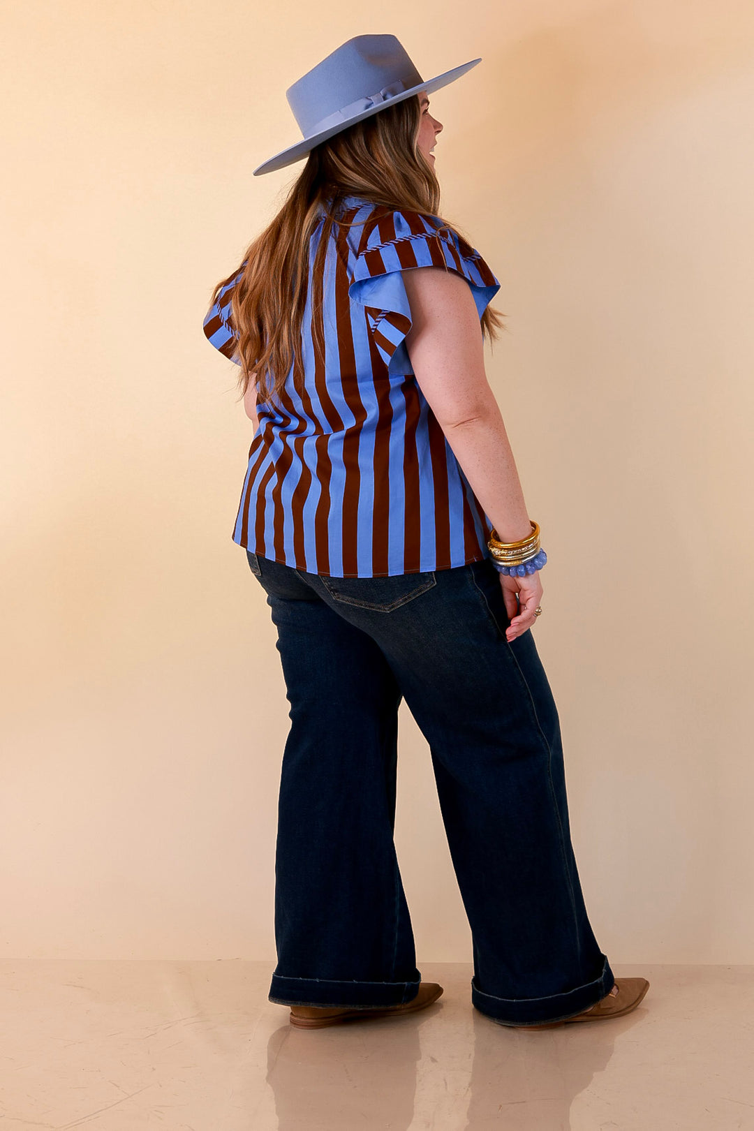 Simply Refined Striped Short Ruffle Sleeve Split Neck Stripe Top in Periwinkle Blue and Chocolate Brown