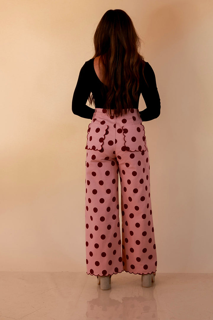Polished Play Polka Dot Print Wide Leg Denim Pants with Scallop Detailing in Blush Pink and Maroon