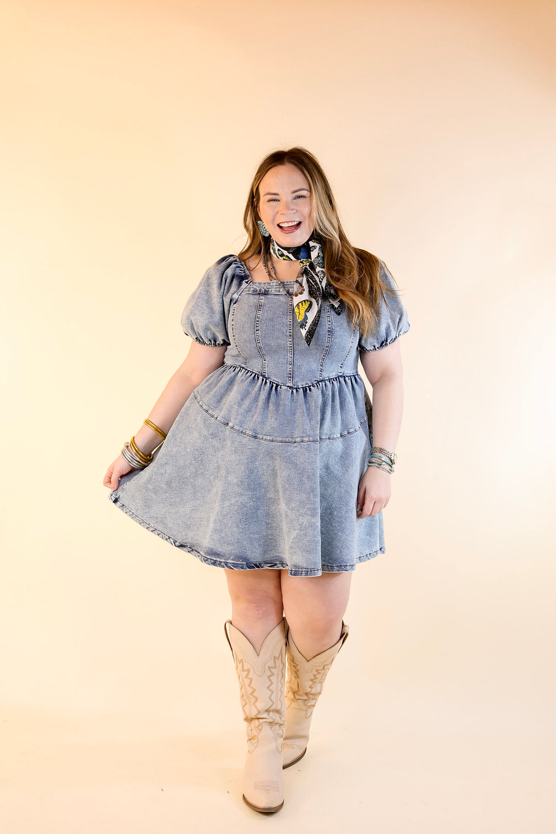 Denim Delight Babydoll Dress with Puff Sleeves in Medium Wash