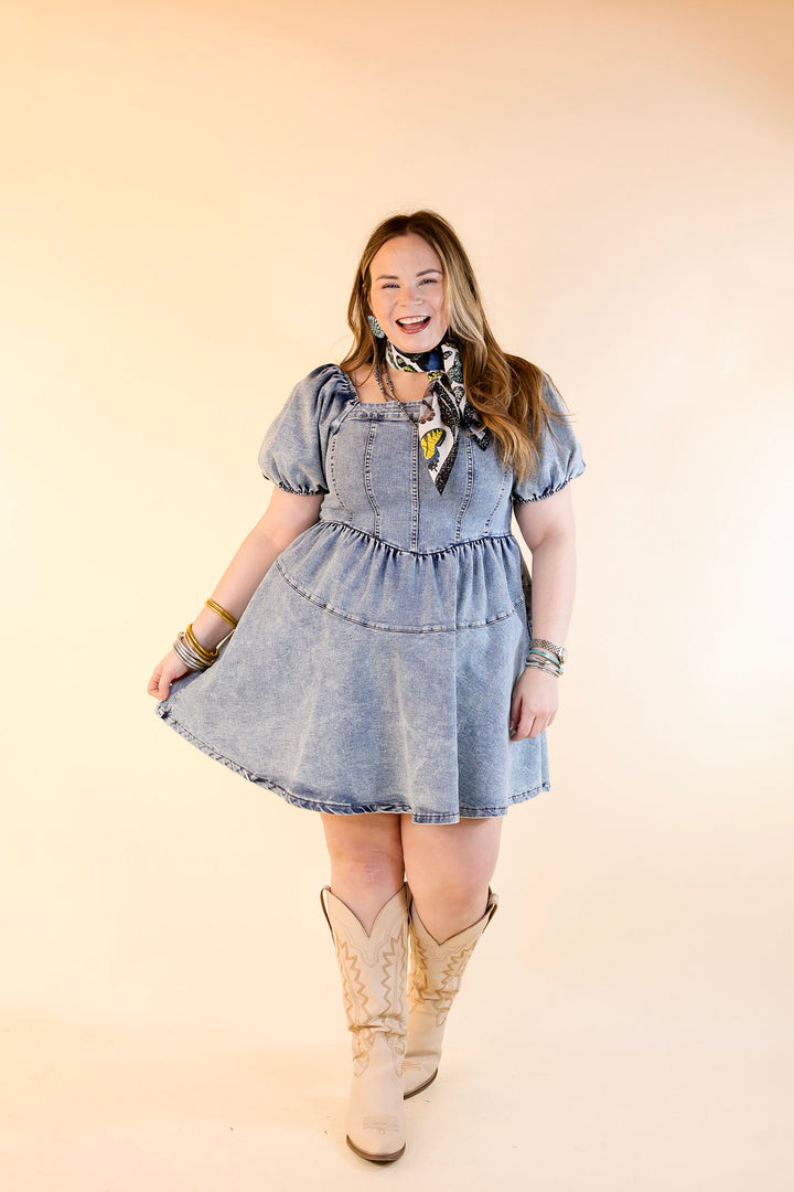 Denim Delight Babydoll Dress with Puff Sleeves in Medium Wash