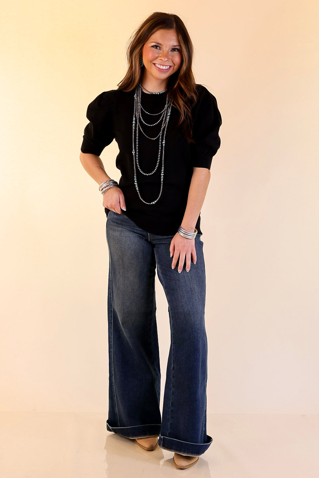 Sweet Sophistication Puff Short Sleeve Knit Sweater with Scoop Neck in Black