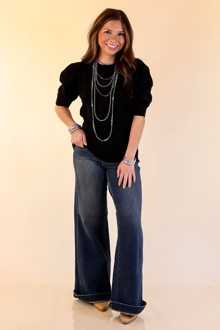 Sweet Sophistication Puff Short Sleeve Knit Sweater with Scoop Neck in Black