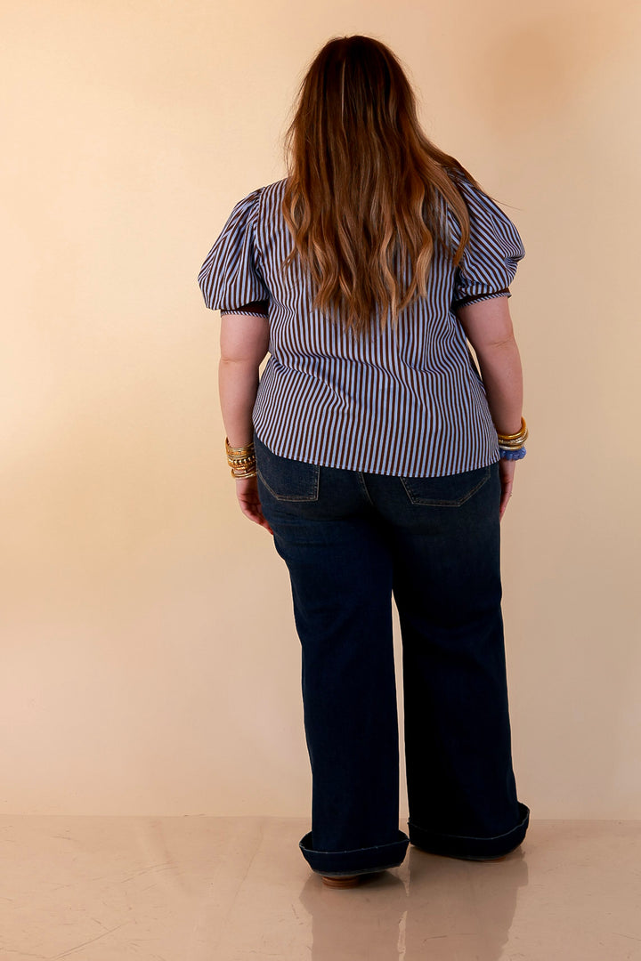 Pop of Polish Short Puff Sleeve Button Front Top with Contrast Trim in Blue and Brown