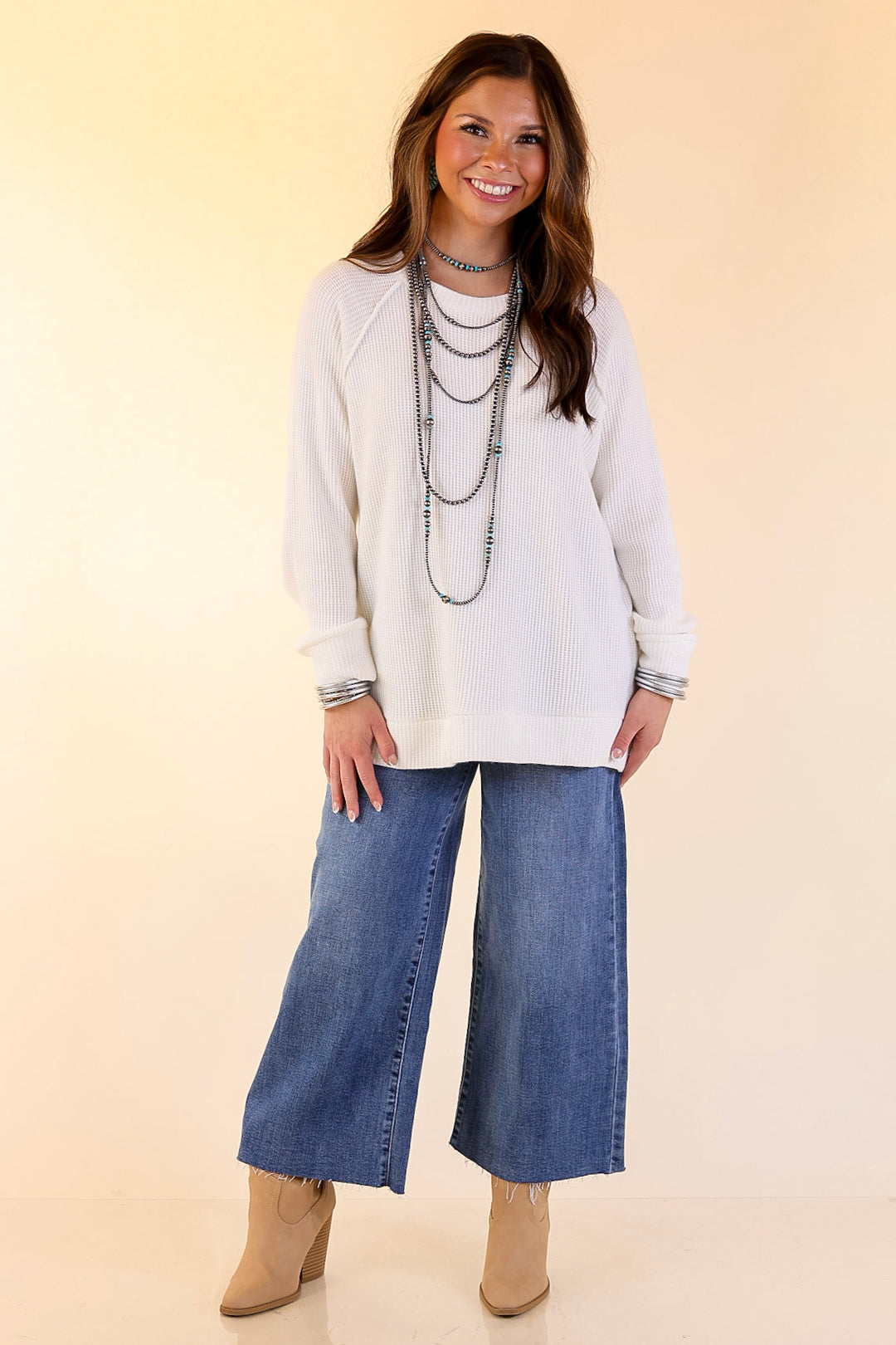 Essentially Chic Waffle Knit Long Sleeve Scoop Neck Top in Ivory