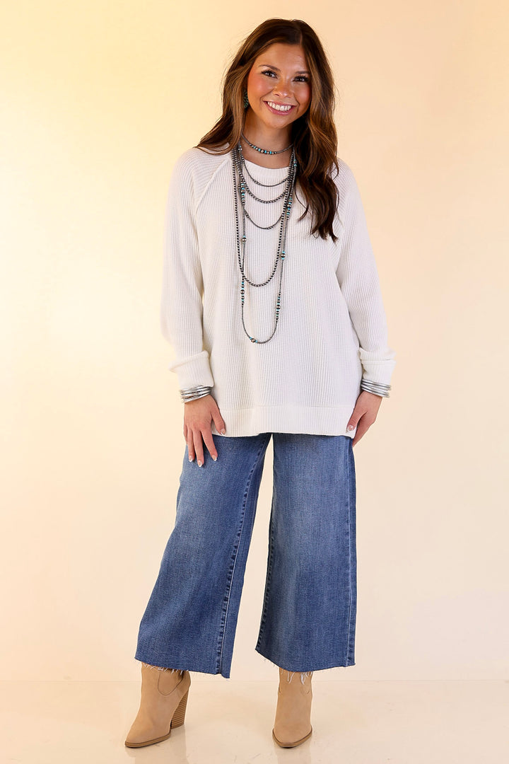 Essentially Chic Waffle Knit Long Sleeve Scoop Neck Top in Ivory