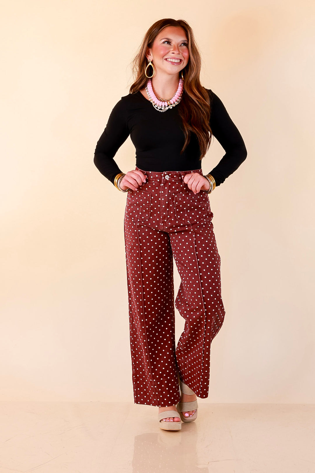 Rosy Outlook Polka Dot Print Wide Leg Denim Pants with Front Seam and Pockets in Maroon