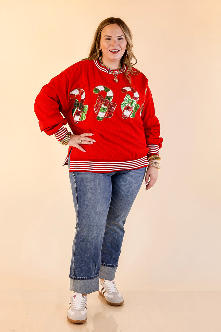 Candy Cane Lane Corduroy Crewneck Top with Side Slits and Sequin Candy Canes with Bows in Red