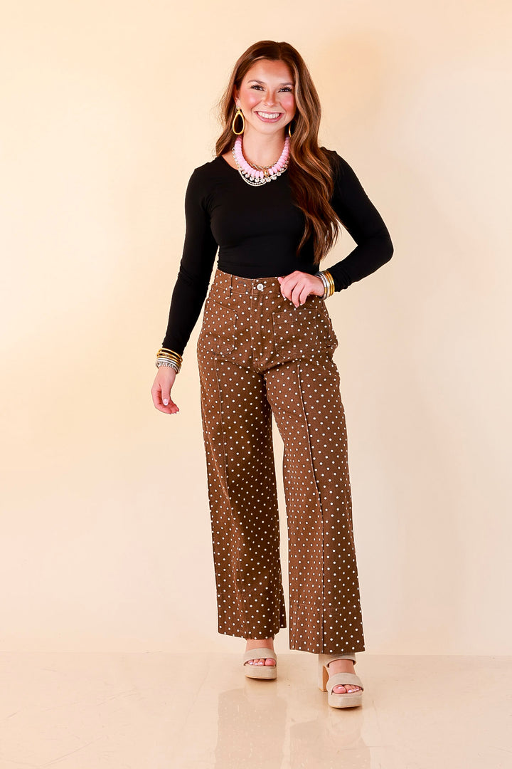 Rosy Outlook Polka Dot Print Wide Leg Denim Pants with Front Seam and Pockets in Chocolate Brown