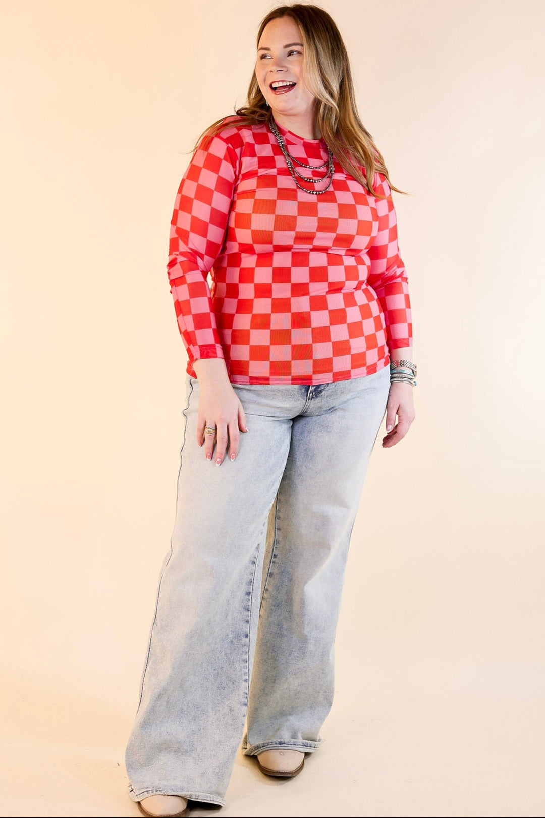 Western Dream Checkered Mesh Long Sleeve Top in Pink and Red