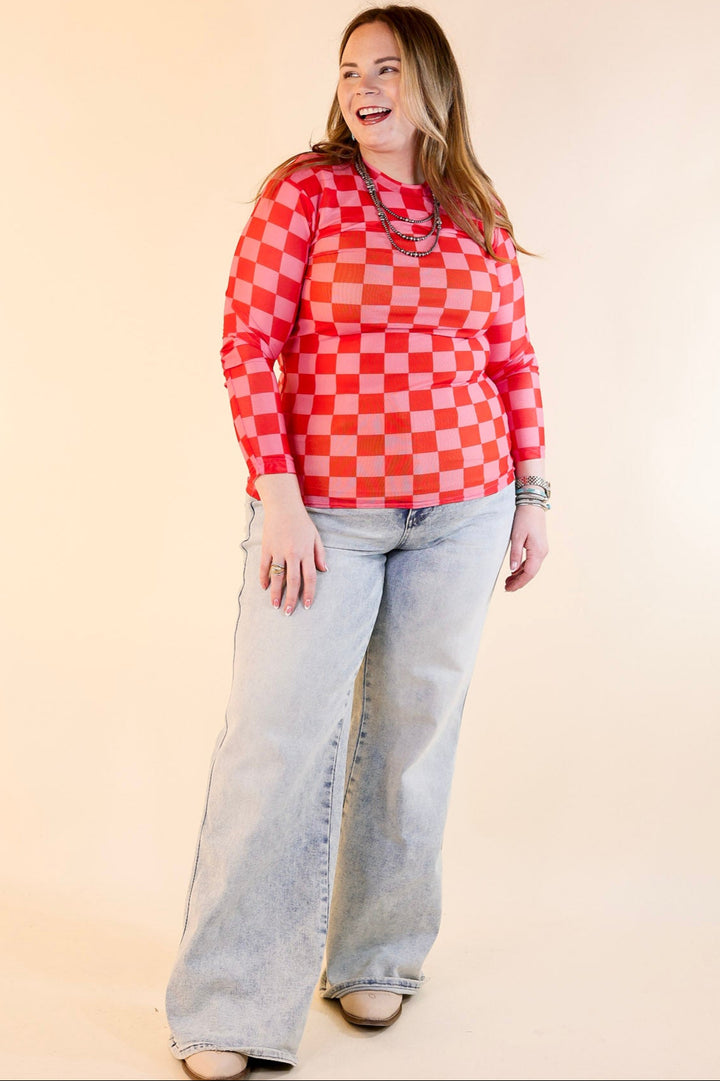 Western Dream Checkered Mesh Long Sleeve Top in Pink and Red