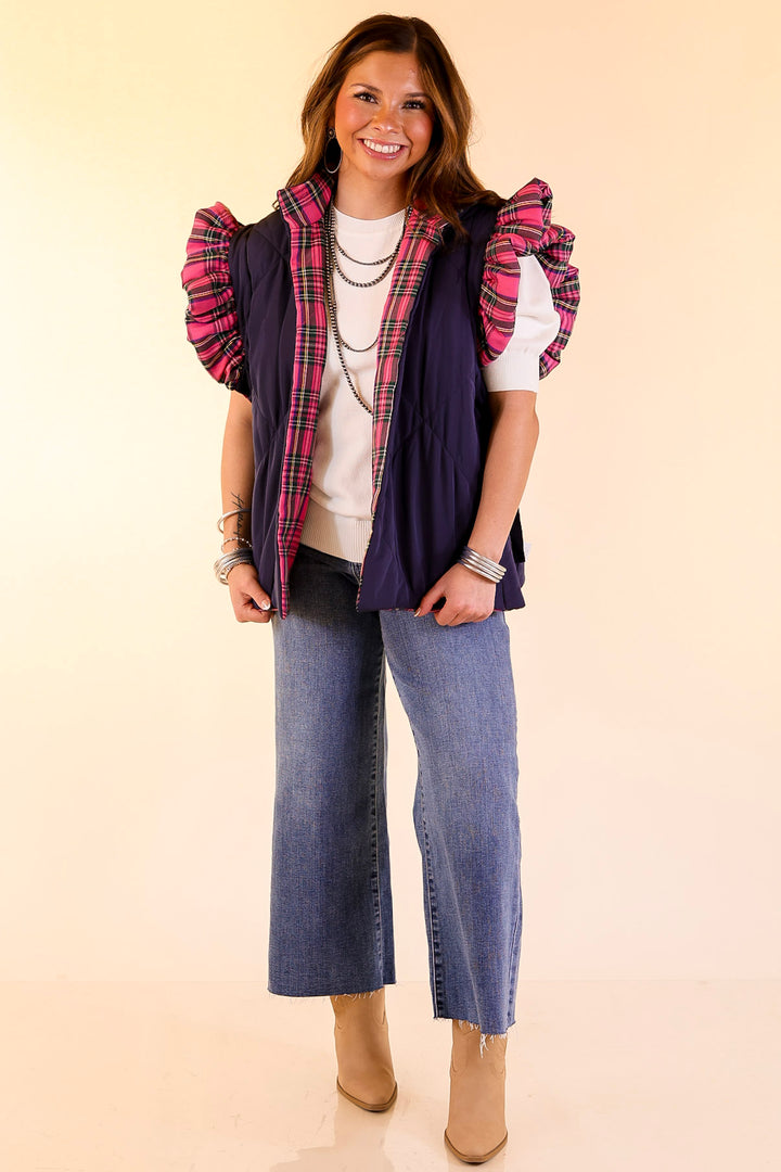 Mud Pie | Jefferies Quilted Plaid Reversible Vest with Ruffle Cap Sleeves and Bow Side Closure in Pink