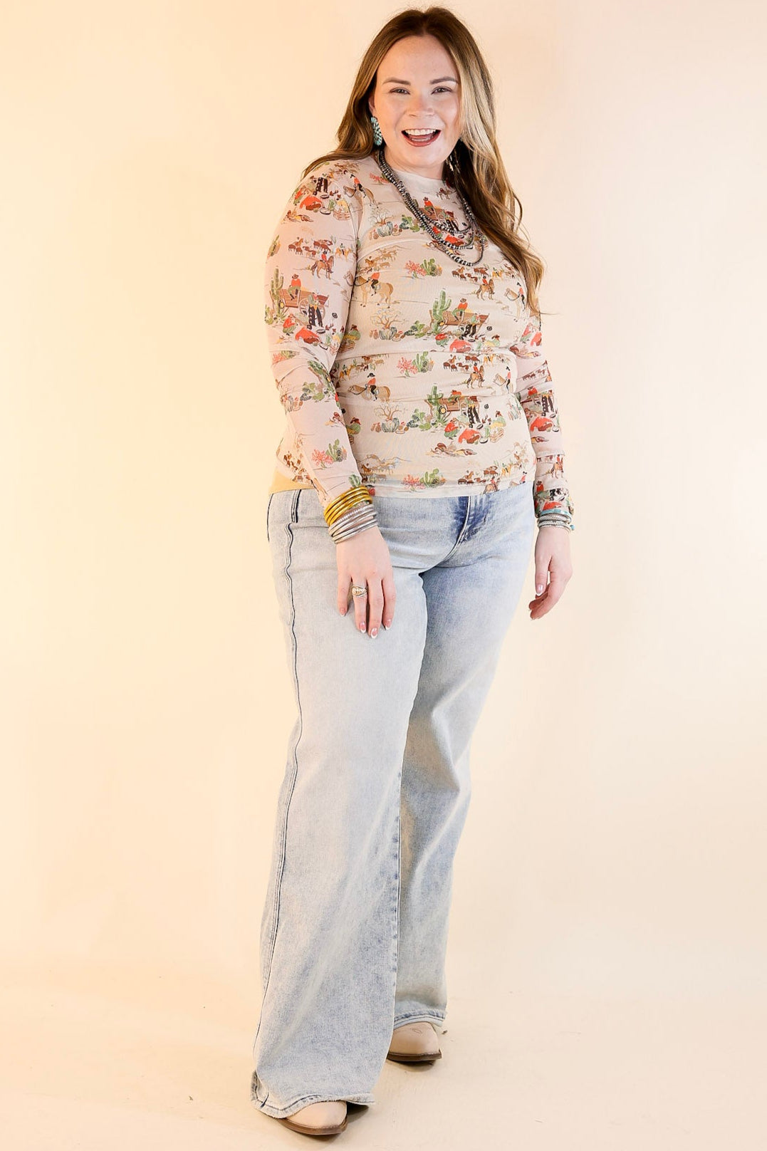 Western Dream Mesh Long Sleeve Top with Retro Western Print in Tan