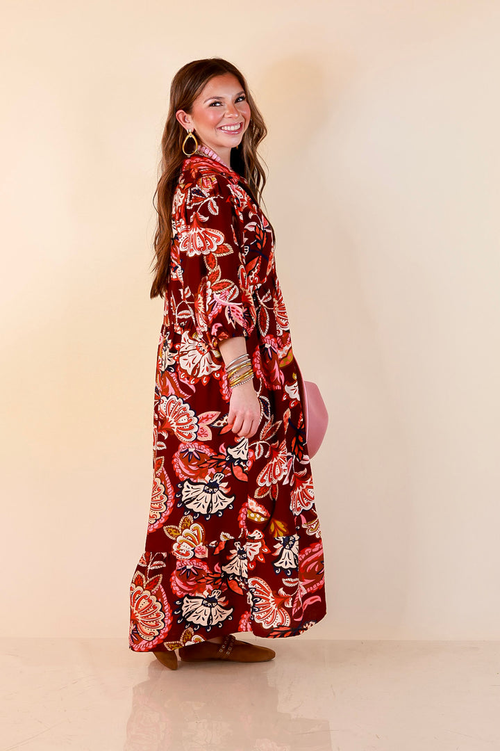 Season of Style Floral Print V Neck 3/4 Sleeve Collared Tiered Midi Dress in Maroon Multi