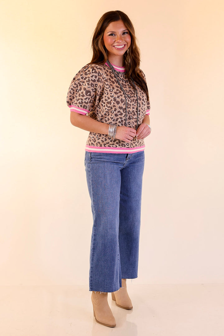 Feline Fine Leopard Print Short Sleeve Sweater with Contrast Trim in Pink