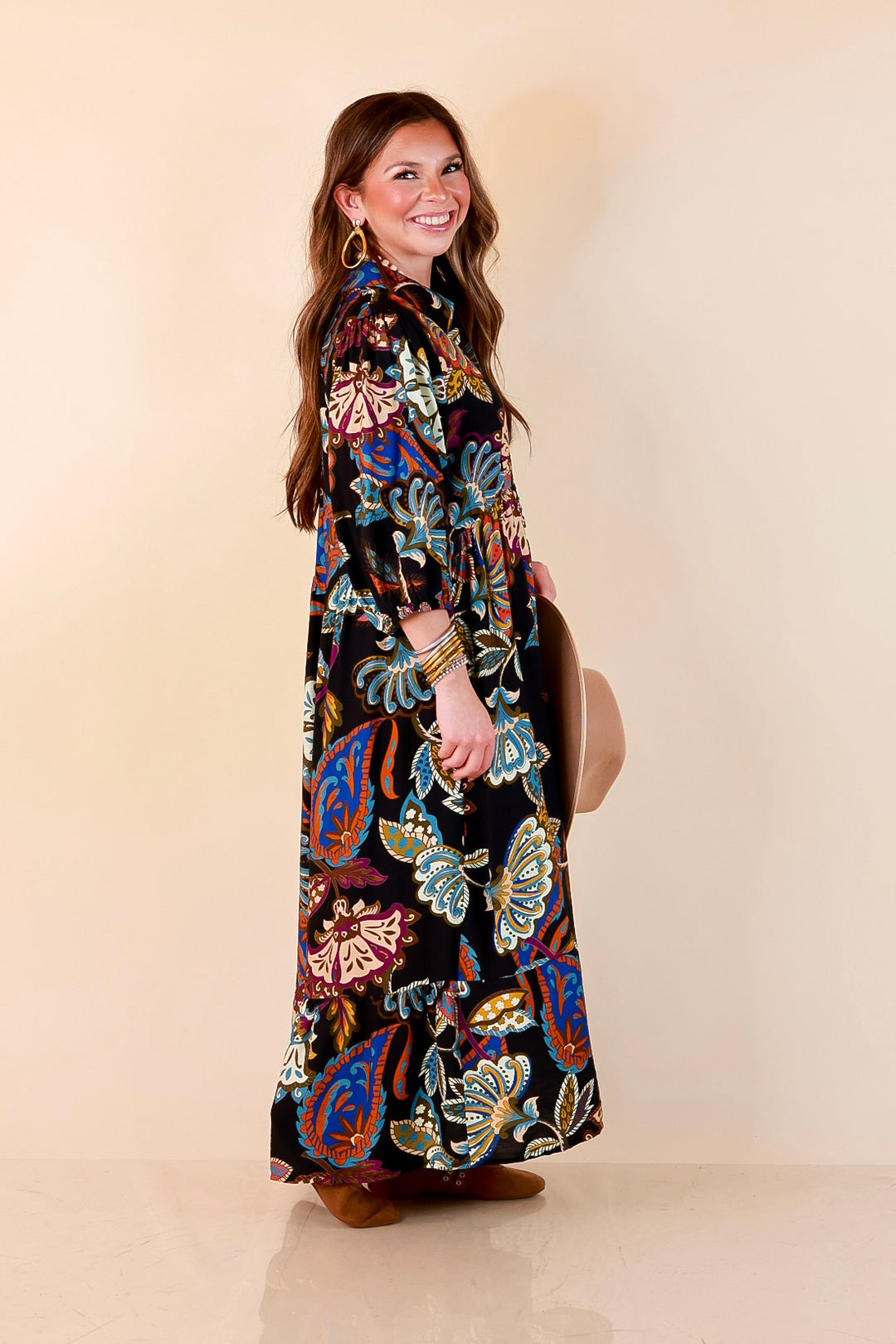 Season of Style Floral Print V Neck 3/4 Sleeve Collared Tiered Midi Dress in Black Multi