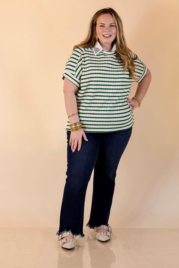 On The Daily Scoop Neck Short Sleeve Striped Textured Top in Kelly Green