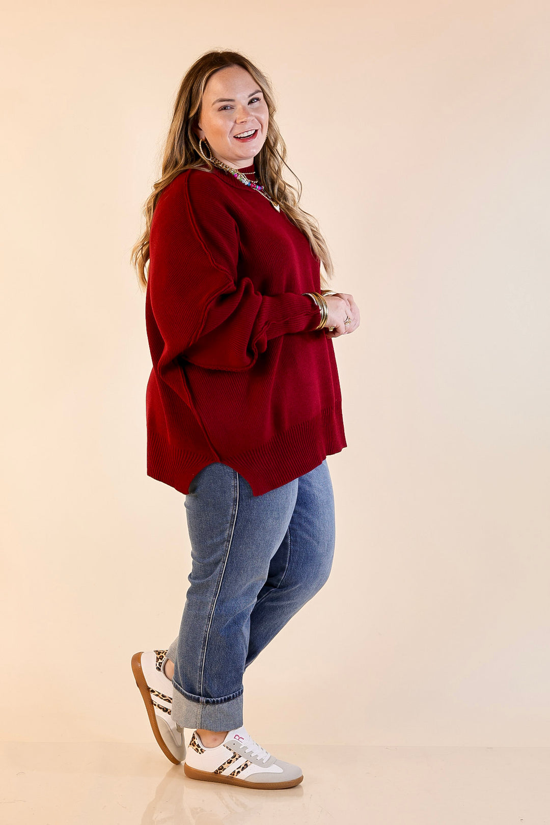 Snug and Stylish Mock Neck Sweater with Side Slit in Maroon