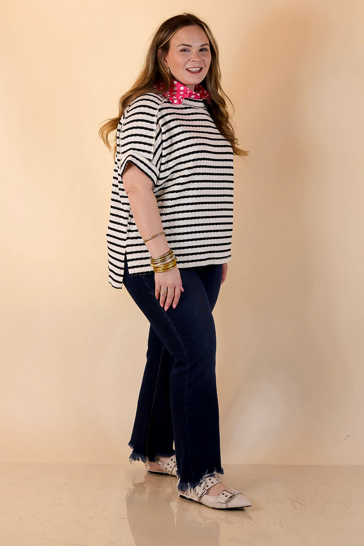 On The Daily Scoop Neck Short Sleeve Striped Textured Top in Black