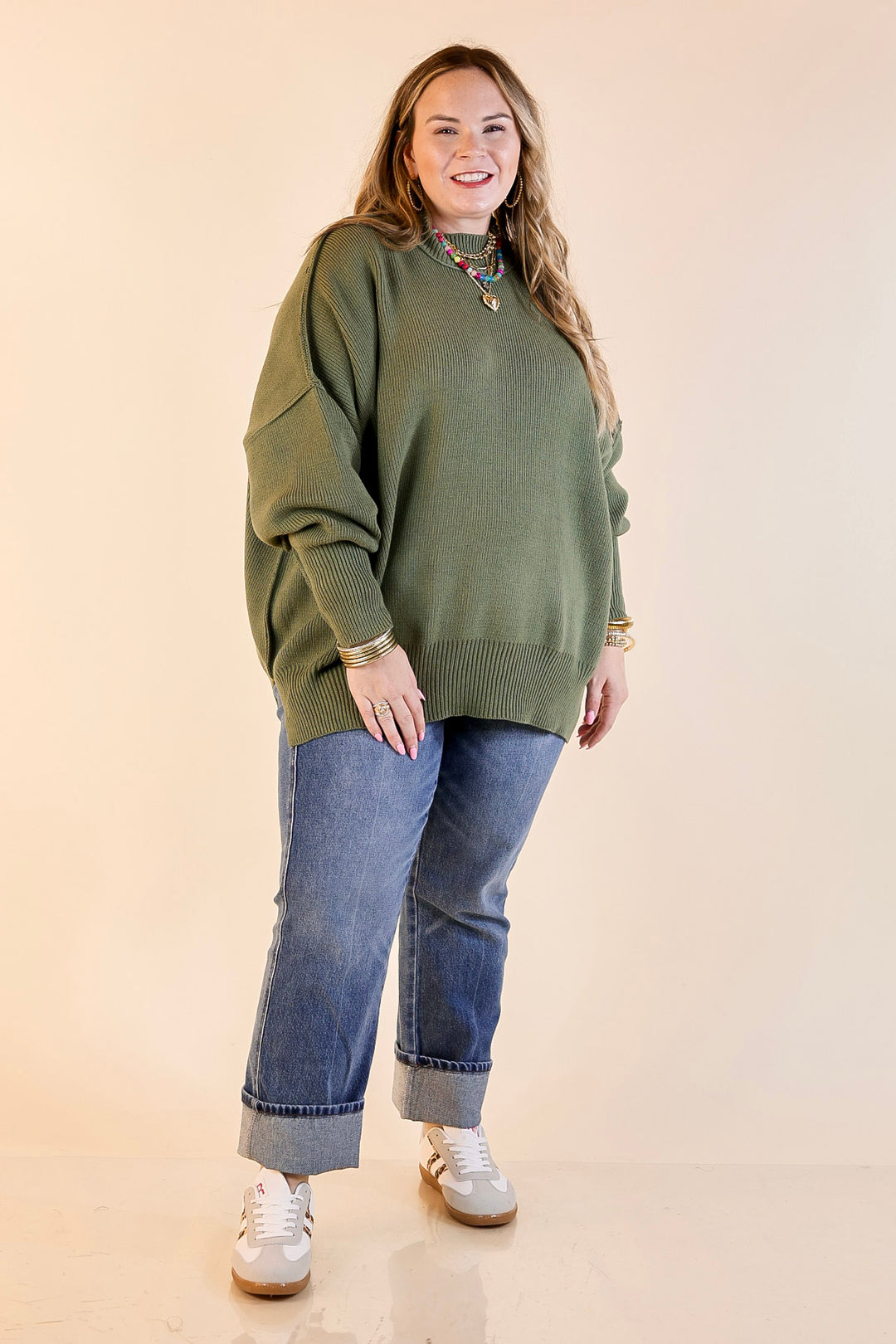 Snug and Stylish Mock Neck Sweater with Side Slit in Olive Green