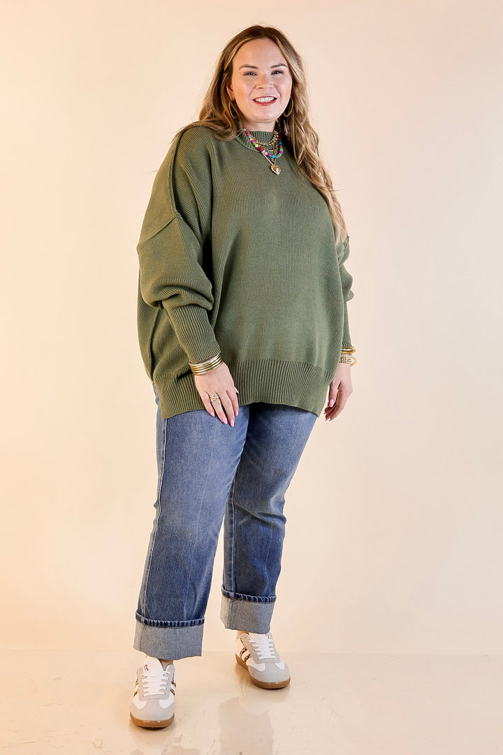 Snug and Stylish Mock Neck Sweater with Side Slit in Olive Green