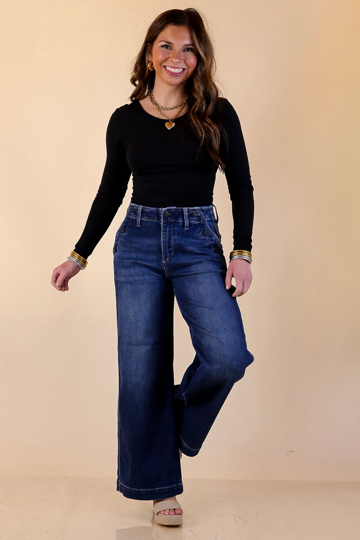 Risen | Steady Style Cropped Wide Leg Trouser Jean with Pocket Detailing in Dark Wash