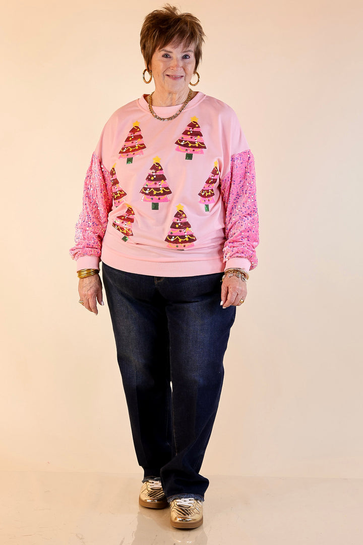 Sequin Pink Christmas Trees Crewneck Sweatshirt with Velvet Sleeves in Light Pink