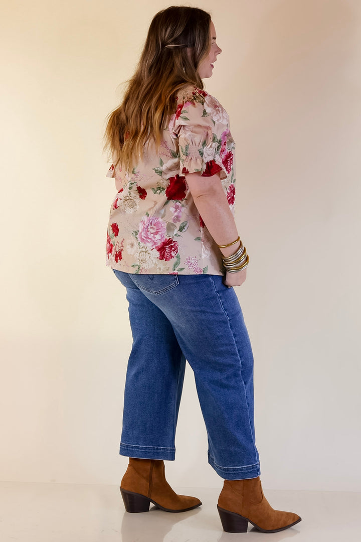 Freshly Picked Floral Print Top with Short Puff Sleeves in Beige