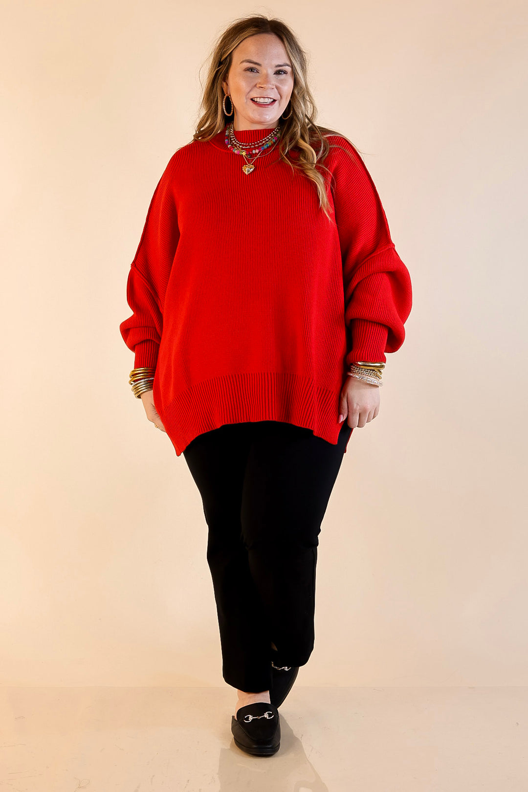 Snug and Stylish Mock Neck Sweater with Side Slit in Ruby Red