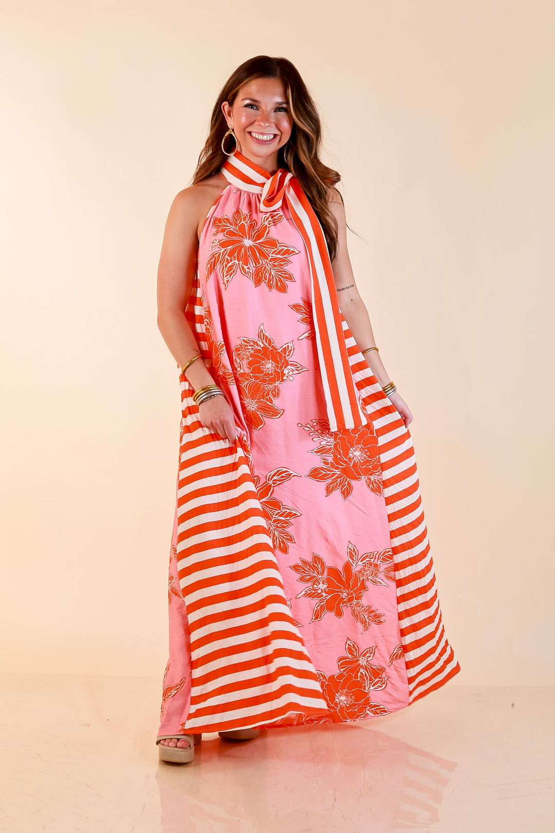 Meet Me in Palm Beach Floral Print Halter Maxi Dress with Adjustable Bow Tie Neck in Pink and Orange