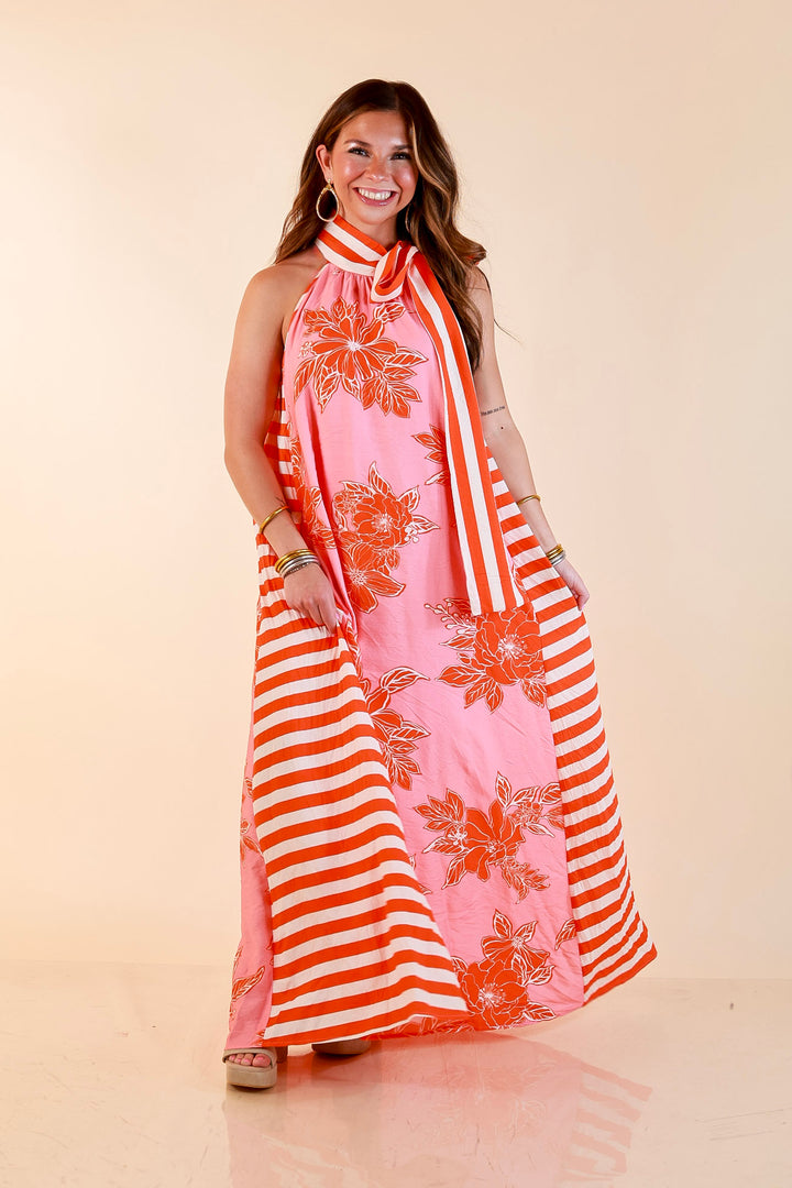 Meet Me in Palm Beach Floral Print Halter Maxi Dress with Adjustable Bow Tie Neck in Pink and Orange