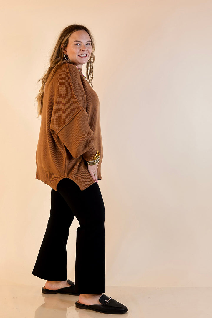 Snug and Stylish Mock Neck Sweater with Side Slit in Camel Brown