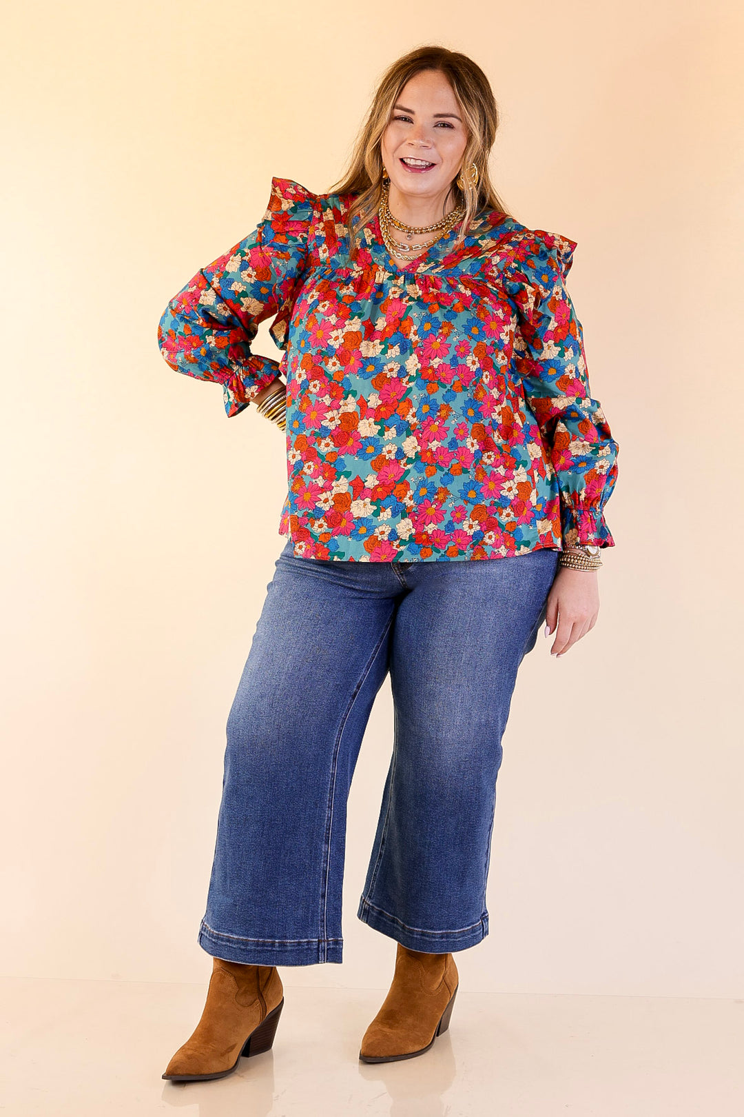 Coffee Perks Floral Ruffle Detail Long Sleeve Top in Turquoise Blue