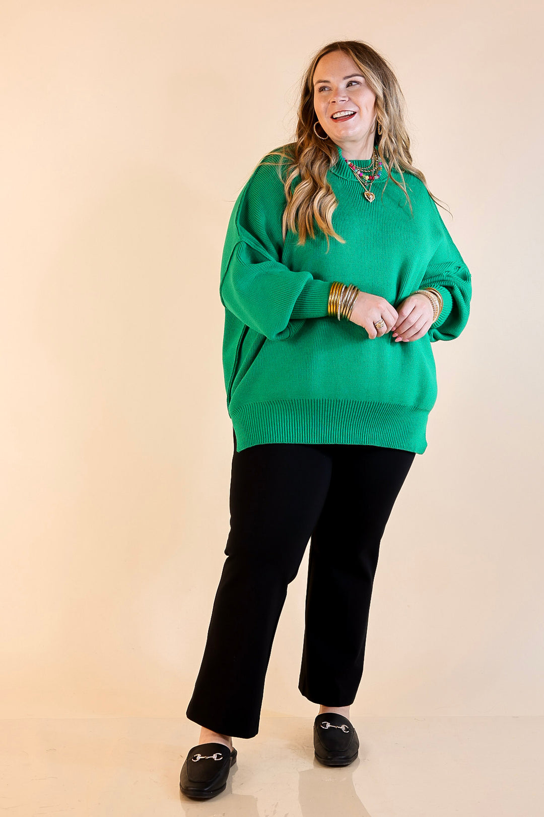 Snug and Stylish Mock Neck Sweater with Side Slit in Kelly Green