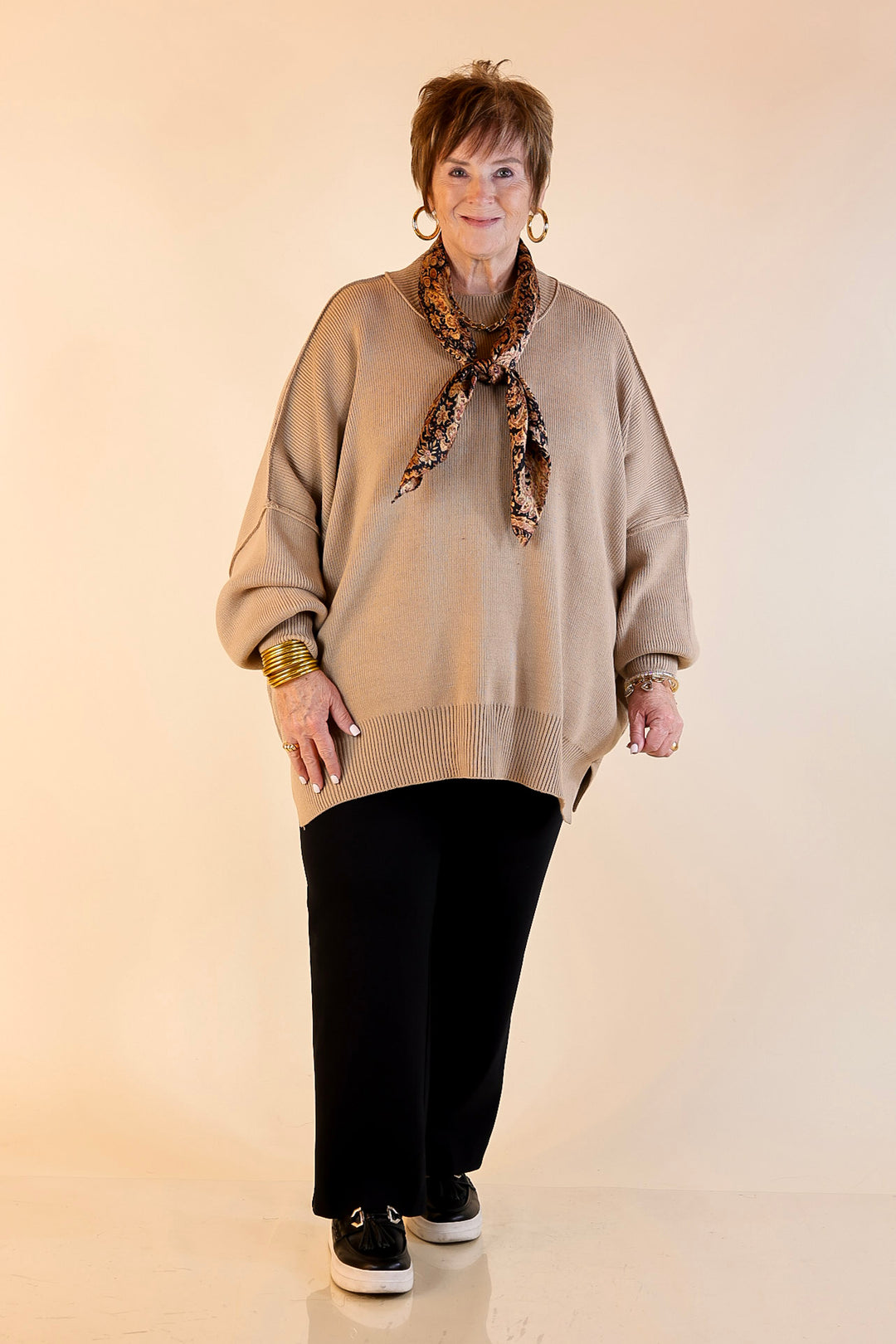 Snug and Stylish Mock Neck Sweater with Side Slit in Light Mocha Brown