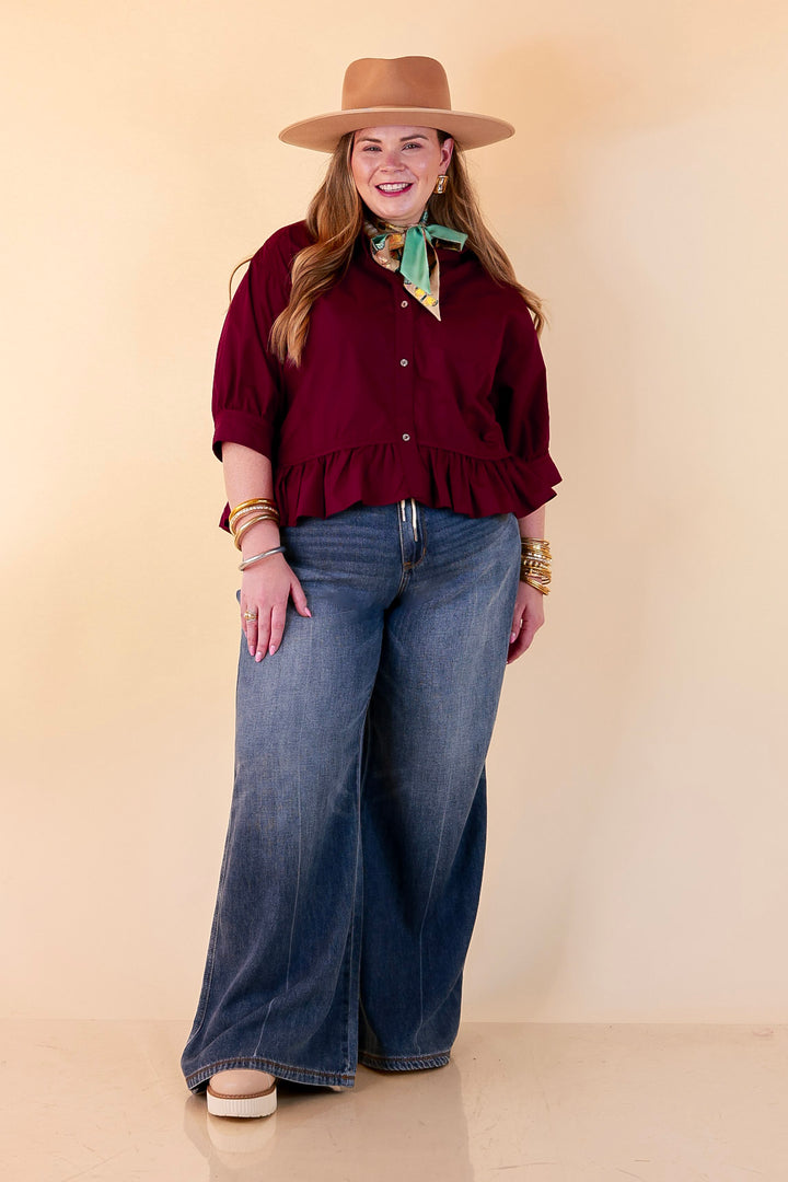 Style Agenda Solid Button Down Peplum Top in Maroon