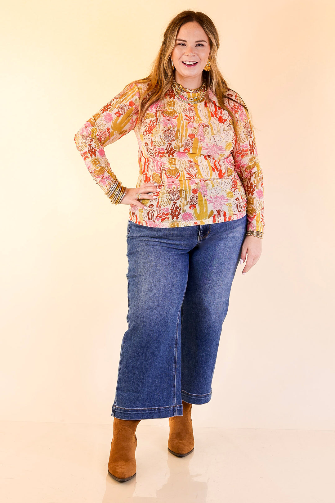 Western Dream Cacti Print Mesh Long Sleeve Top in Cream, Olive Green and Pink