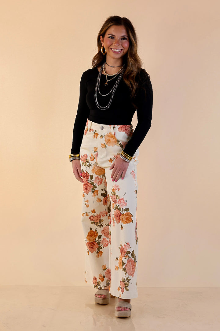 The Best Cropped Wide Leg Vintage Rose Floral Print Jeans in Ivory