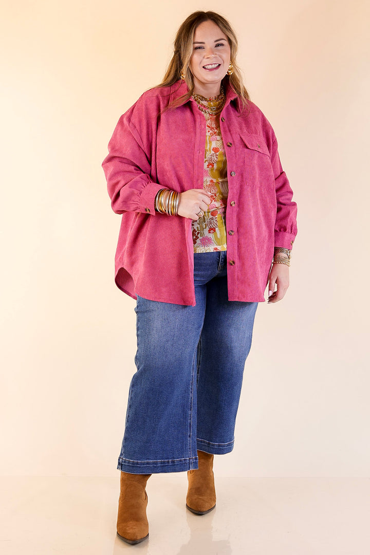 All Dolled Up Button Up Corduroy Shacket in Orchid Pink