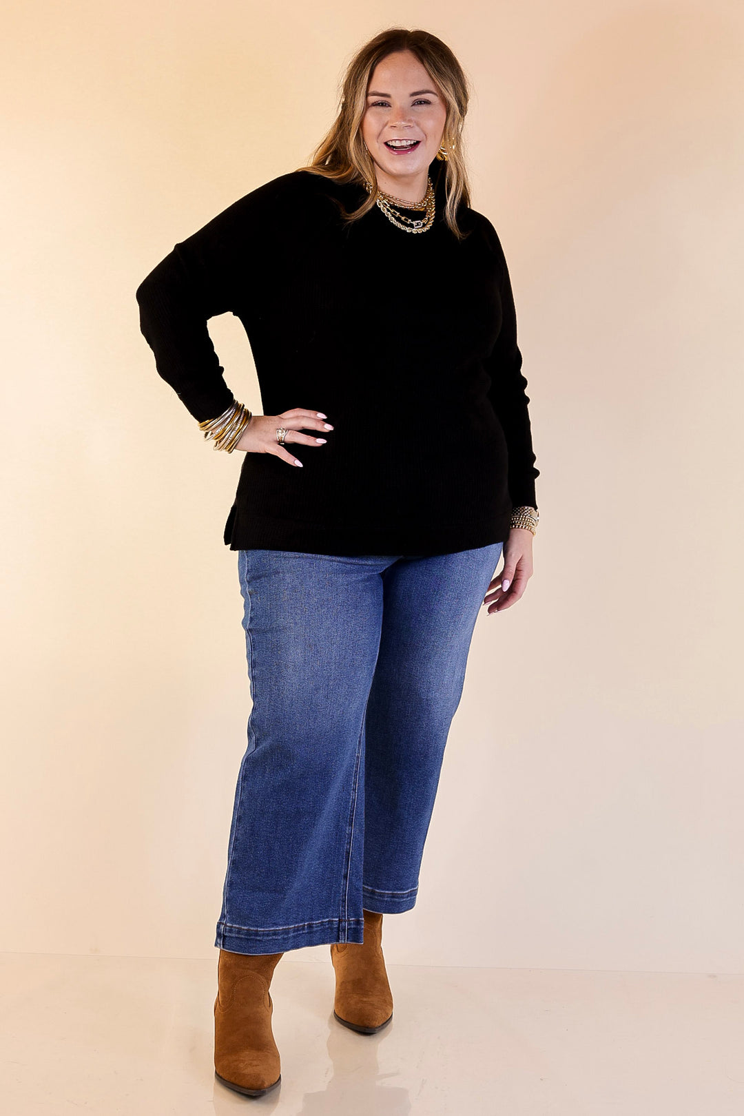 Essentially Chic Waffle Knit Long Sleeve Scoop Neck Top in Black