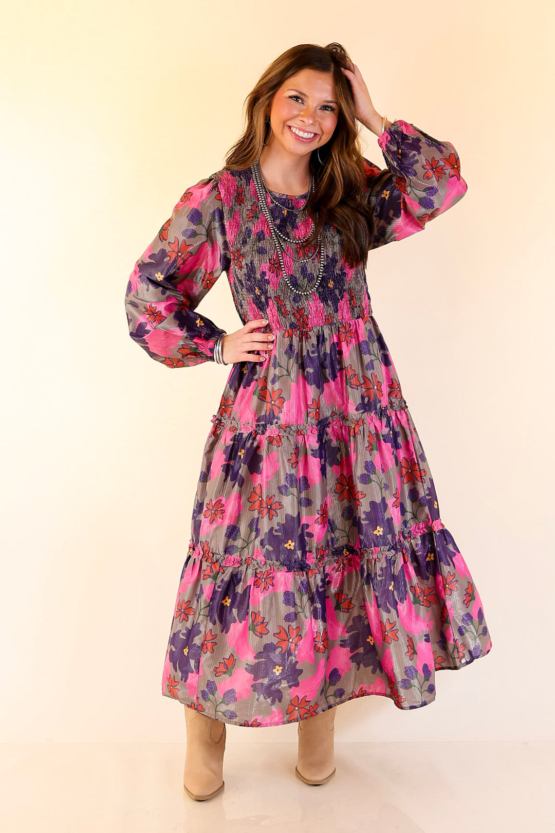 Mud Pie | Shaffer Smocked Bodice Long Sleeve Midi Dress with Tiered Skirt in Pink Mix